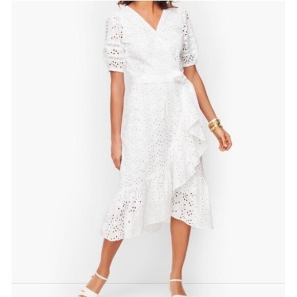 Talbots White Eyelet Belted Midi Wrap Dress